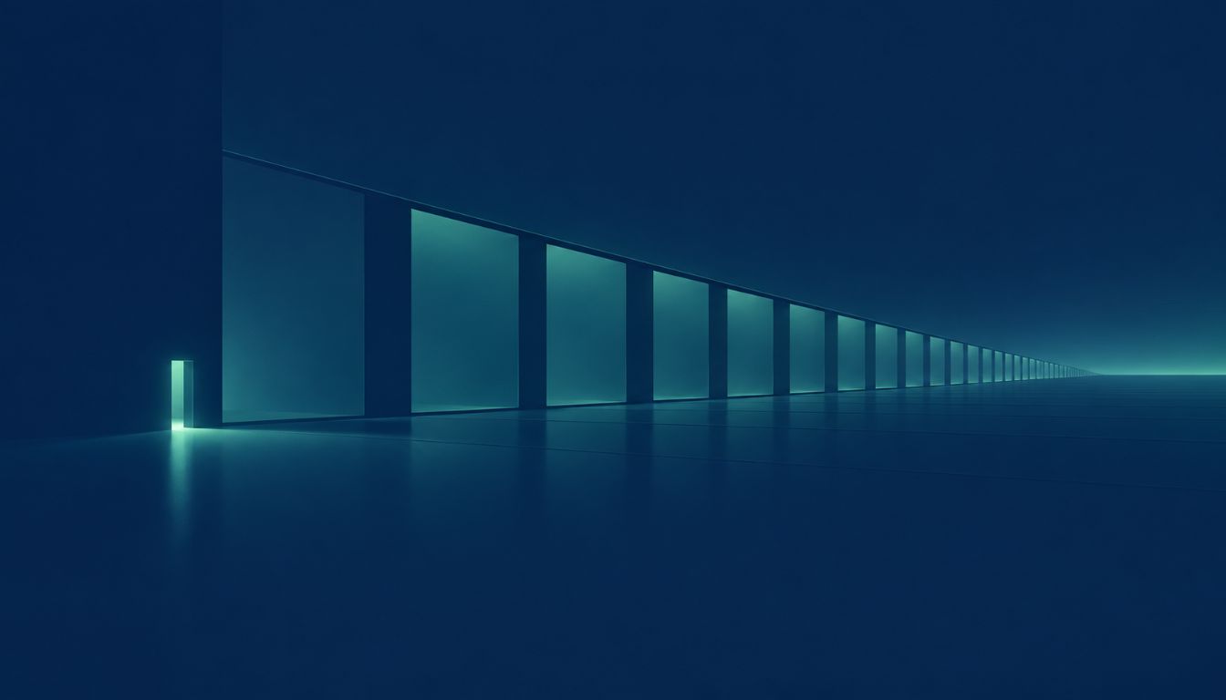 Blog Featured Image A small lit doorway opening onto a long, ordered hall of evenly spaced panels, an image for multi-country compliance for brokers entering Asia