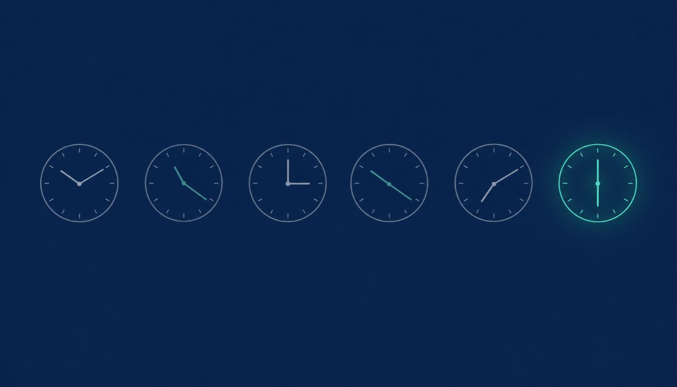 Reinsurance Broker Challenges Six minimalist clock faces showing different times with one glowing teal, an image for reinsurance broker challenges